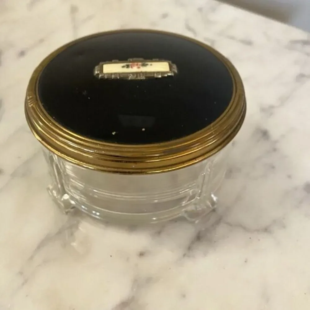 Vintage Art Deco Glass Bottomed Dresser Jar Box Trinket Pink Rose Black Lid